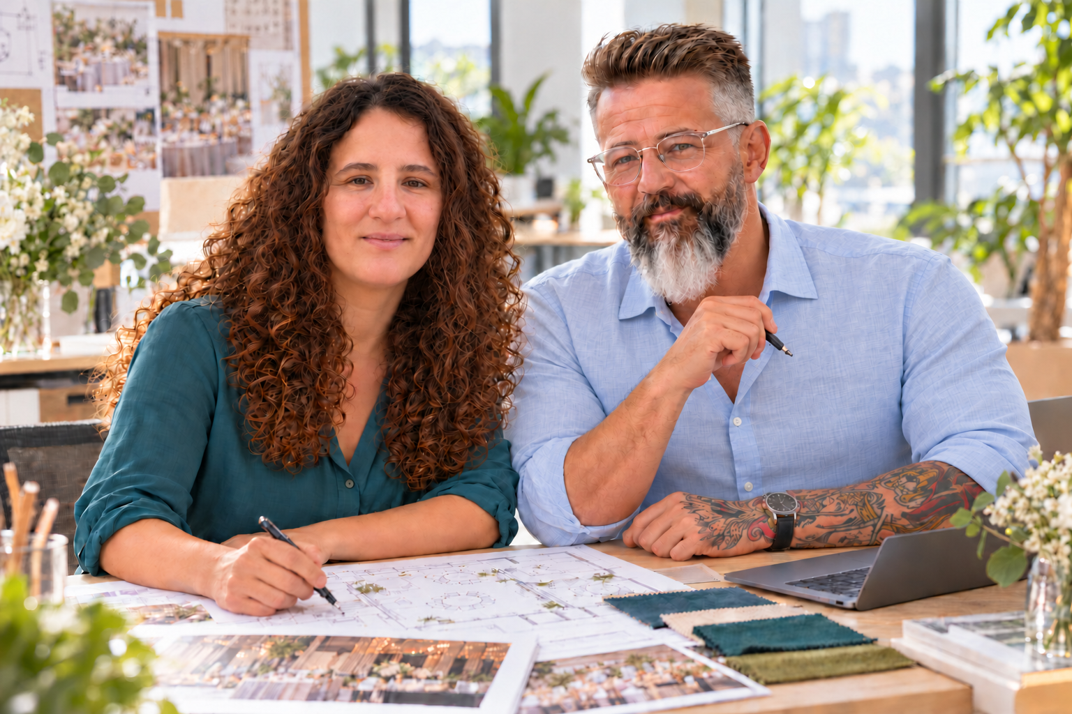Eva und Andreas gemeinsam am Planungstisch mit Eventunterlagen