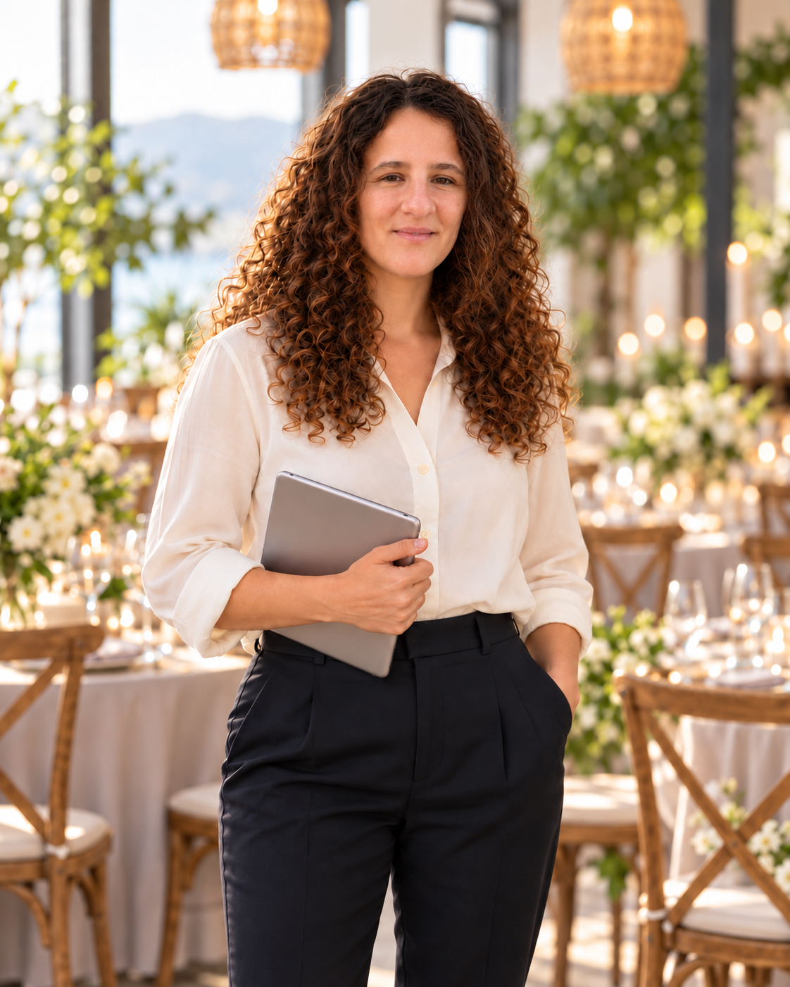 Eva mit Tablet in einer festlich dekorierten Eventlocation