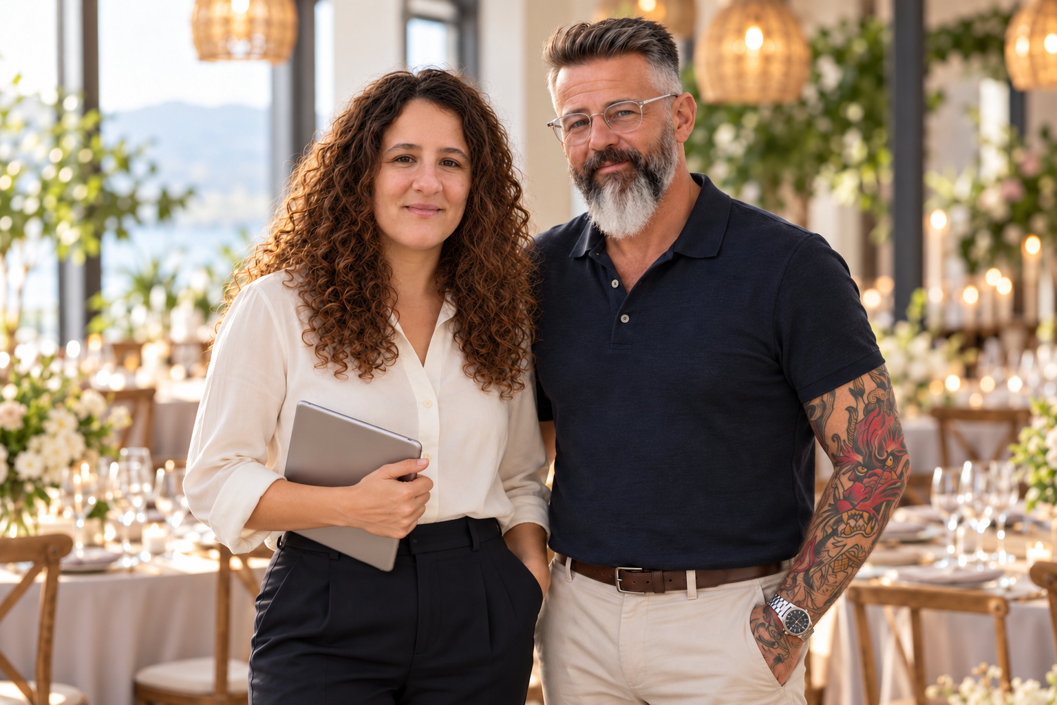 Eva und Andreas in einer festlich dekorierten Eventlocation