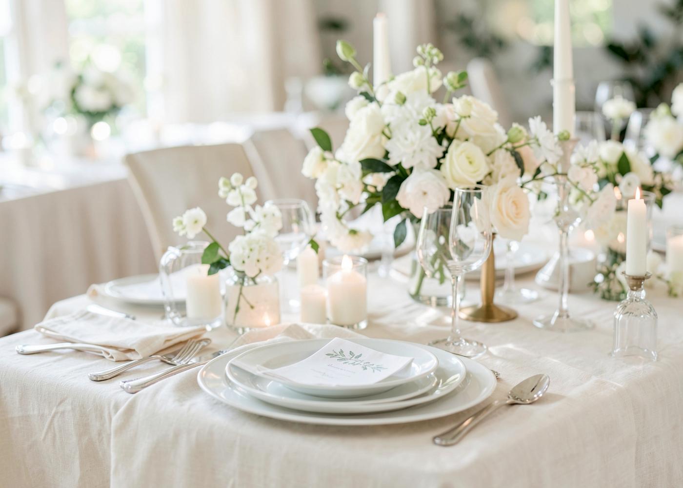 Festlich eingedeckte Tafel mit Kerzen und weißen Blumen